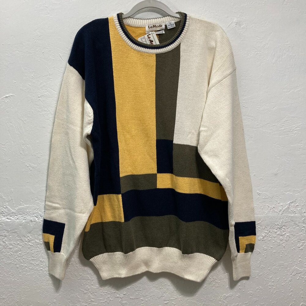 NWT Vintage LA MODE Sweater Mens Hand Intarsia Cotton Golf Colorblock Grandpa XL